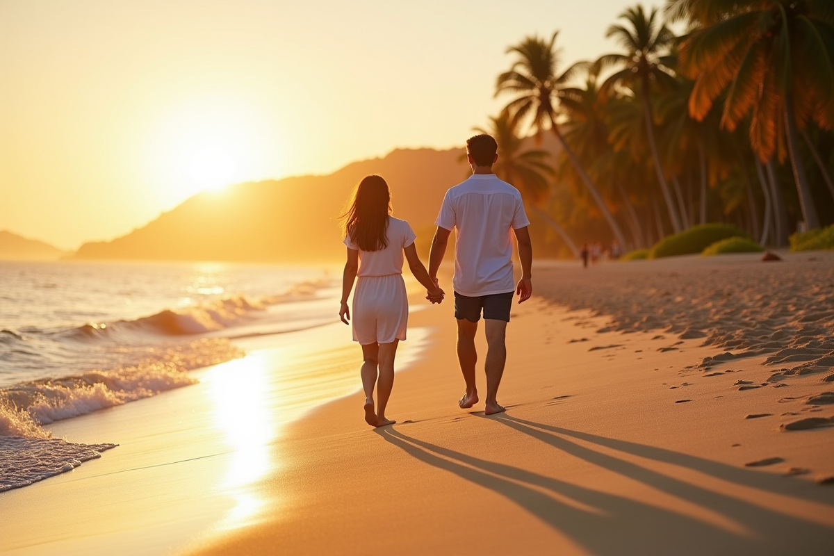 Couple marchant main dans la main sur une plage tropicale au coucher du soleil