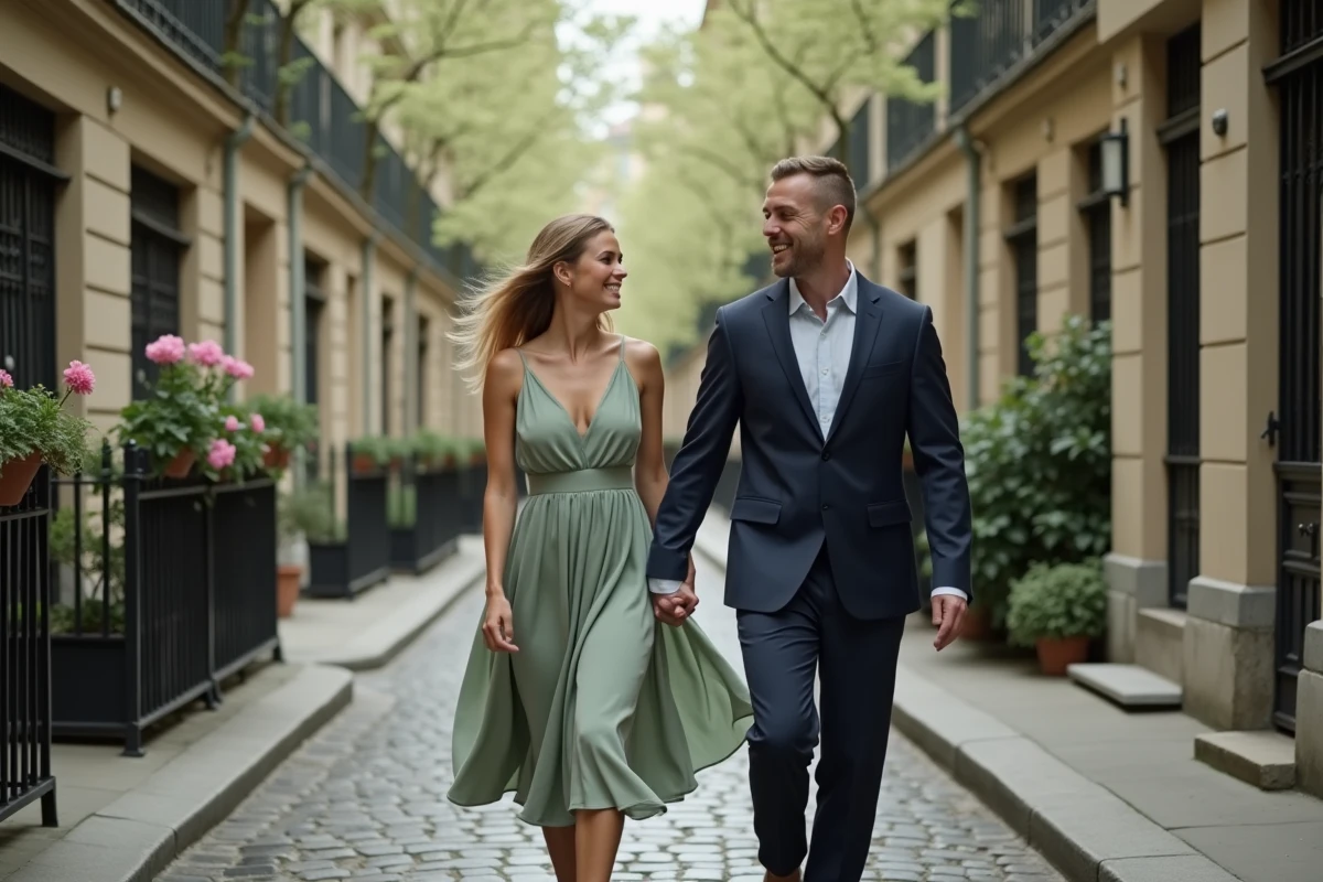 Couple élégant se promenant sur les pavés d'une rue parisienne en fleurs, symbolisant complicité et bonheur partagé