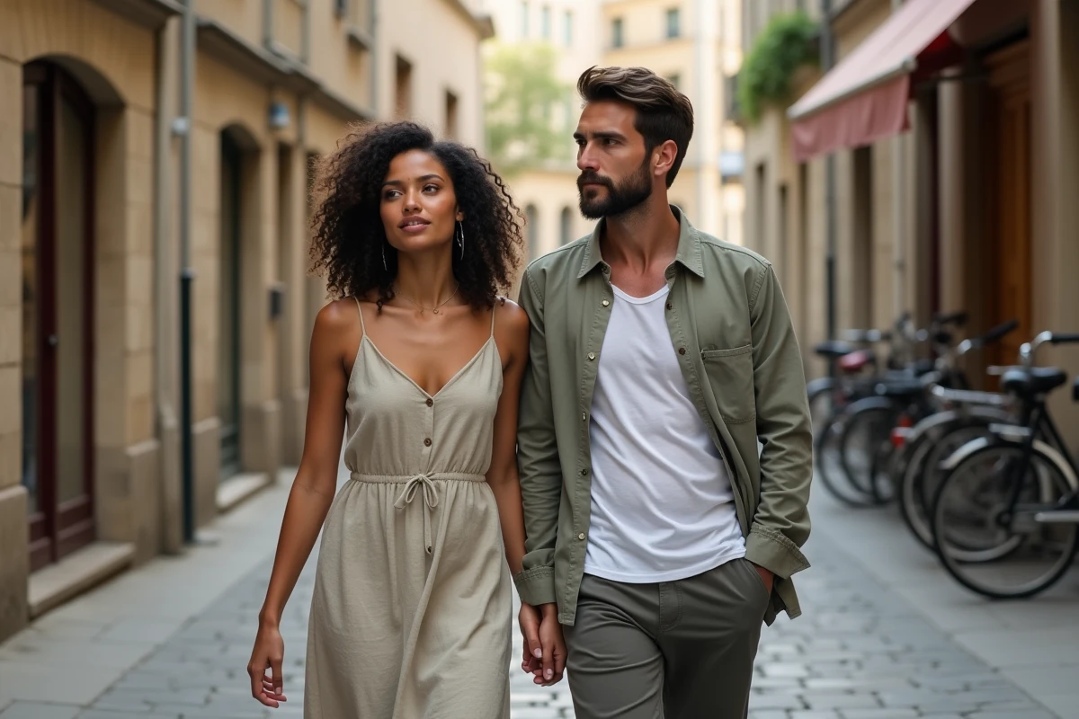 Couple marchant côte à côte sur une rue pavée française dans une atmosphère candide et ambiguë, illustrant les rumeurs et la réalité d'une relation célébrité en 2026