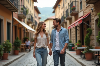 Jeune couple en balade dans un village européen charmant