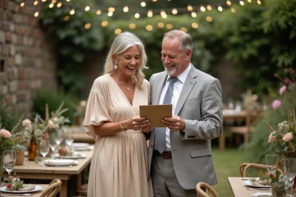 Couple souriant lors d'un second mariage lisant une carte de félicitations humoristique dans un jardin fleuri