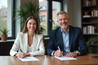 Couple d'adultes signant des documents officiels dans un bureau moderne
