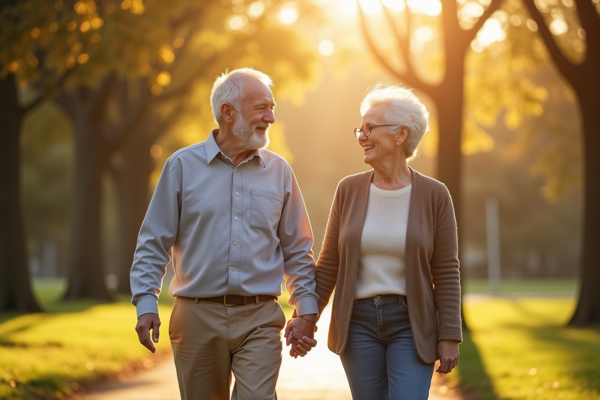 Couple âgé main dans la main dans un parc ensoleille