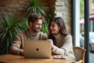 Jeune couple souriant partageant un moment de voyage