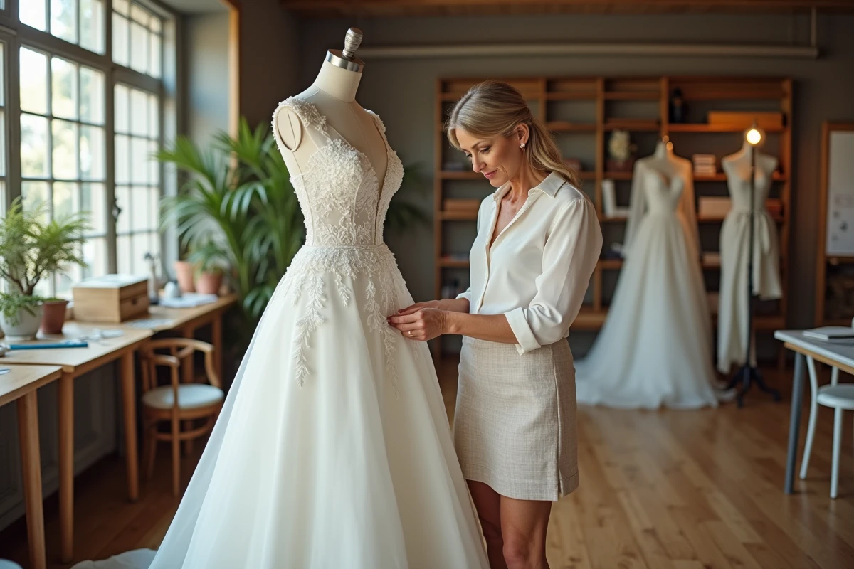 Cr&eacute;atrice de robes de mariage ajuste une robe dans son atelier