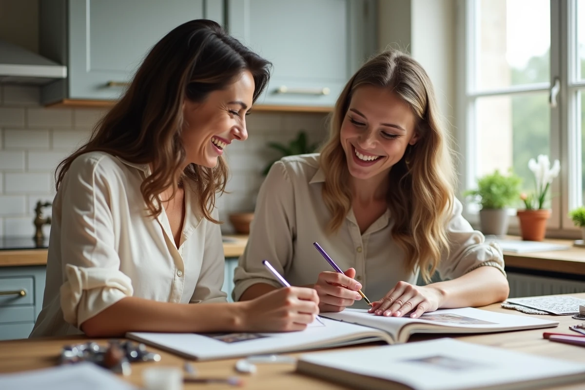 Deux femmes créant un album photo dans une cuisine lumineuse