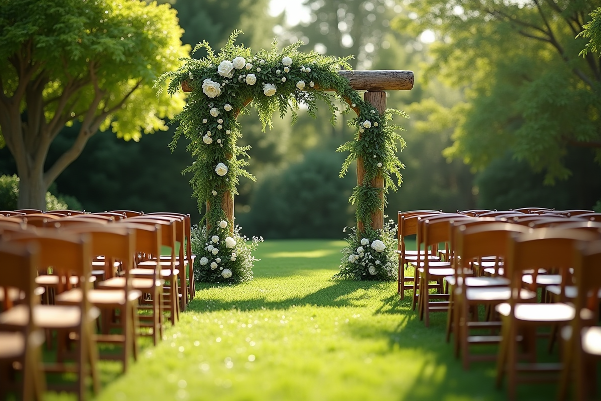 Cérémonie de mariage dans un jardin avec arche en bois et chaises en bois