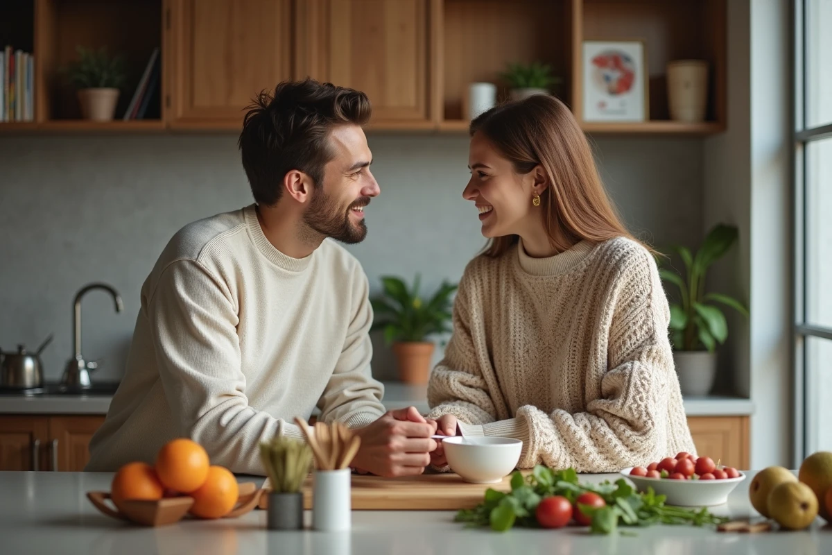 Couple discutant dans la cuisine en préparant un repas à la maison
