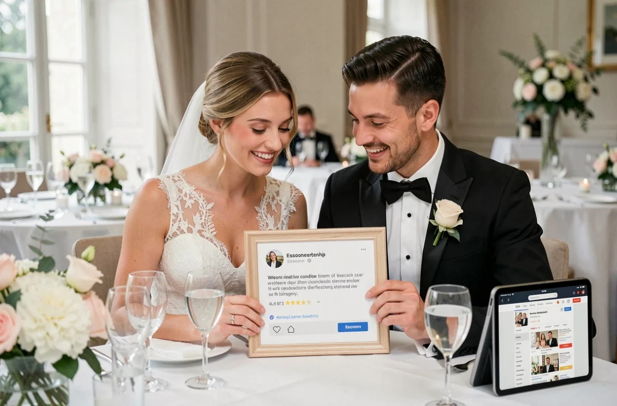Couple de mariés consultant des avis vérifiés lors de leur réception, reportage David Carquet photographe mariage Essonne
