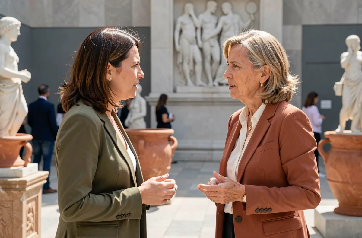 Deux femmes en discussion dans un musée archéologique grec, illustrant le débat féministe autour du mythe d'Héra épouse de Zeus