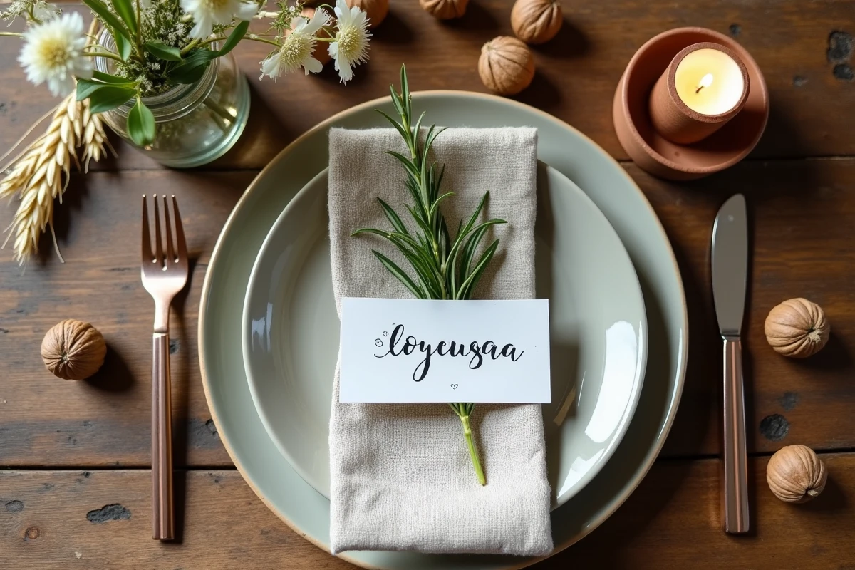 Détail de table de mariage champêtre avec vaisselle en céramique, carte calligraphiée, fleurs sauvages en bocal et bougie en cire d'abeille