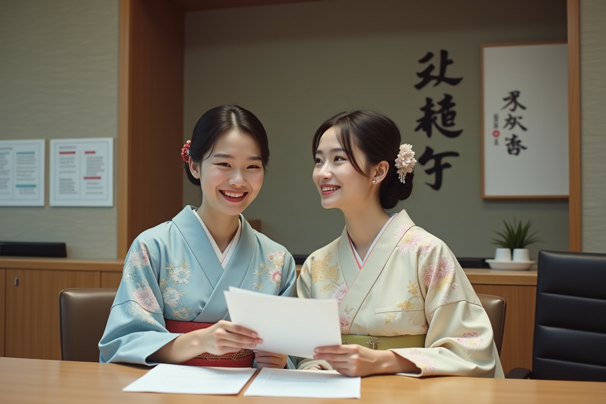 Deux femmes en kimono examinant des documents officiels