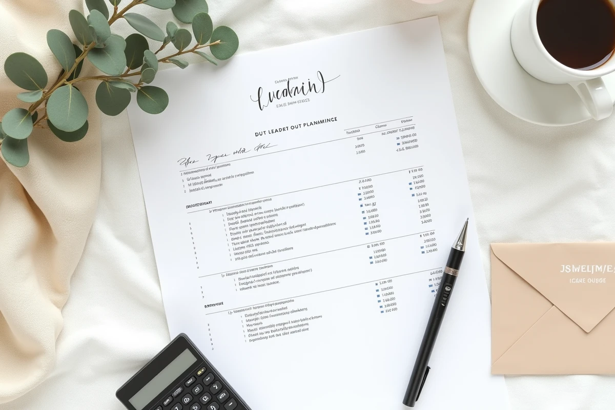 Gros plan d'un devis wedding planner d&eacute;taill&eacute; avec notes manuscrites, calculatrice et &eacute;chantillons de tissu sur table