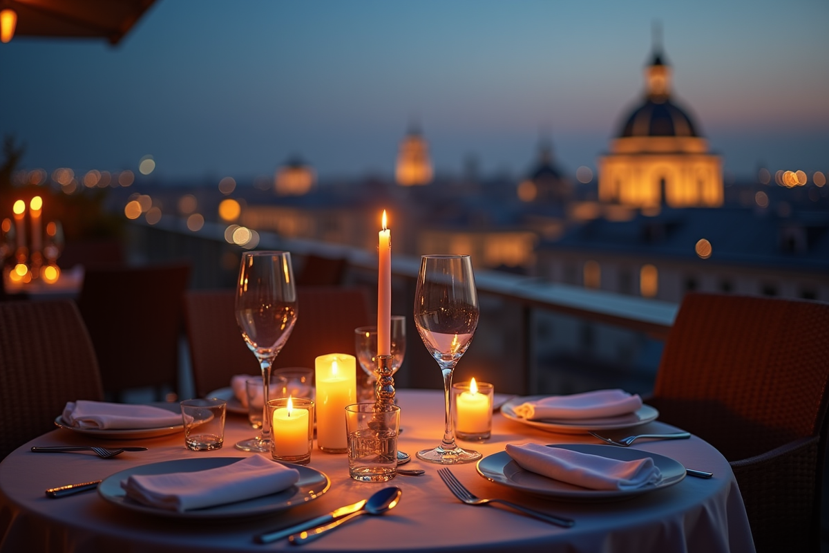 Dîner romantique aux chandelles sur un toit avec vue urbaine