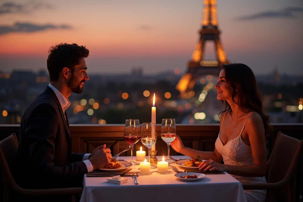 Dîner aux chandelles avec vue sur la tour Eiffel au coucher du soleil
