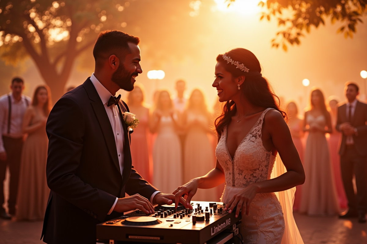 DJ de mariage souriant devant ses platines lors d'une danse en plein soleil