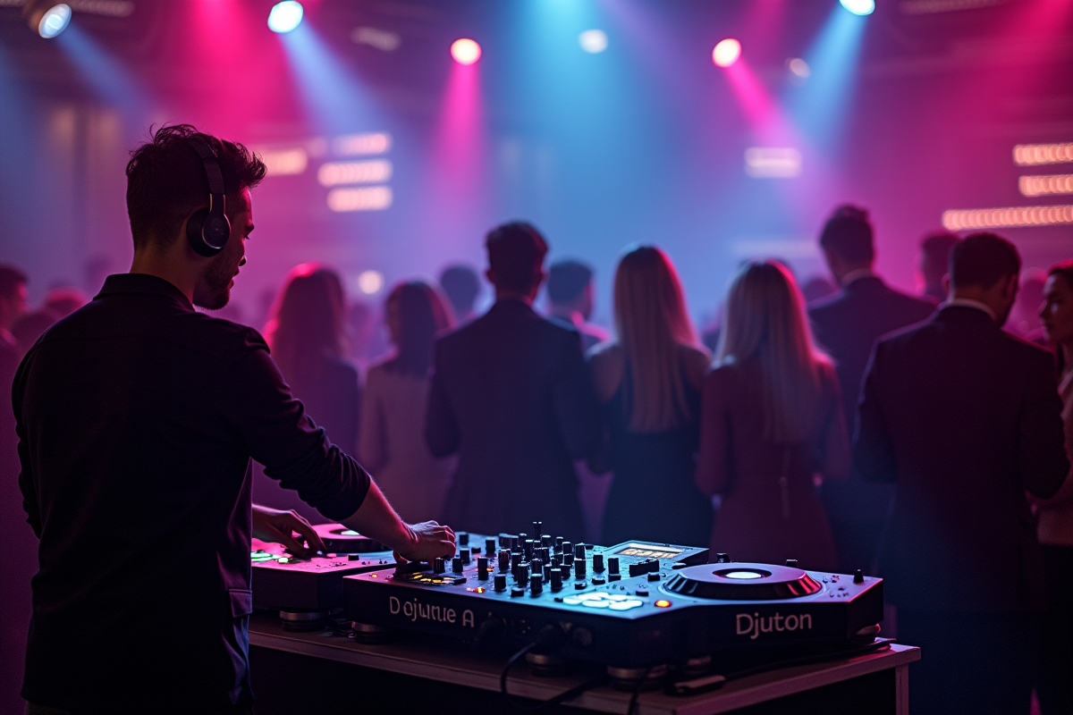 DJ professionnel mixant lors d'une soirée moderne avec éclairage vibrant