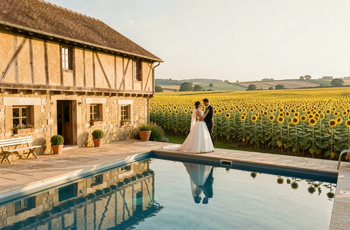 Domaine de Landrevie en Lot-et-Garonne, ferme gasconne du XVIIe siècle avec terrasse piscine surplombant des champs de tournesols et couple de mariés enlacés