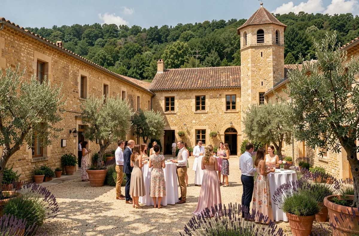 Domaine de Perrotin en Dordogne, cour intérieure en pierre du Périgord avec tour pigeonnier et invités lors d'un cocktail de mariage