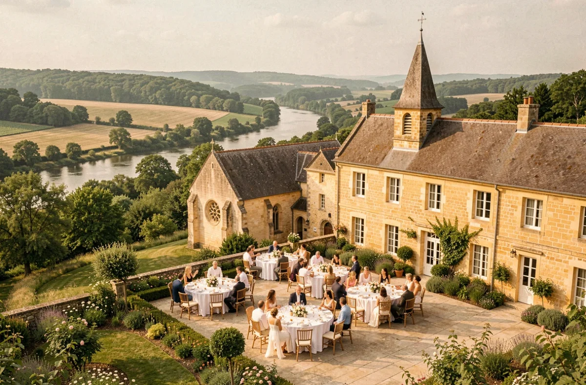 Domaine la Fauconnie en Dordogne, manoir périgourdin avec chapelle et terrasse de réception de mariage surplombant la vallée de la Dordogne