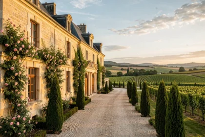 Vue panoramique d'un domaine de mariage en Nouvelle-Aquitaine avec château en pierre, vignobles et allée bordée de cyprès