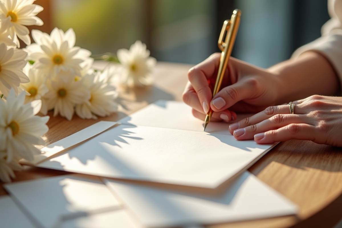 Mains écrivant une carte de mariage avec un stylo or dans une ambiance lumineuse