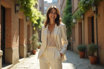 Femme portant un ensemble mariage pantalon ivoire élégant réutilisable dans une cour urbaine en pierre