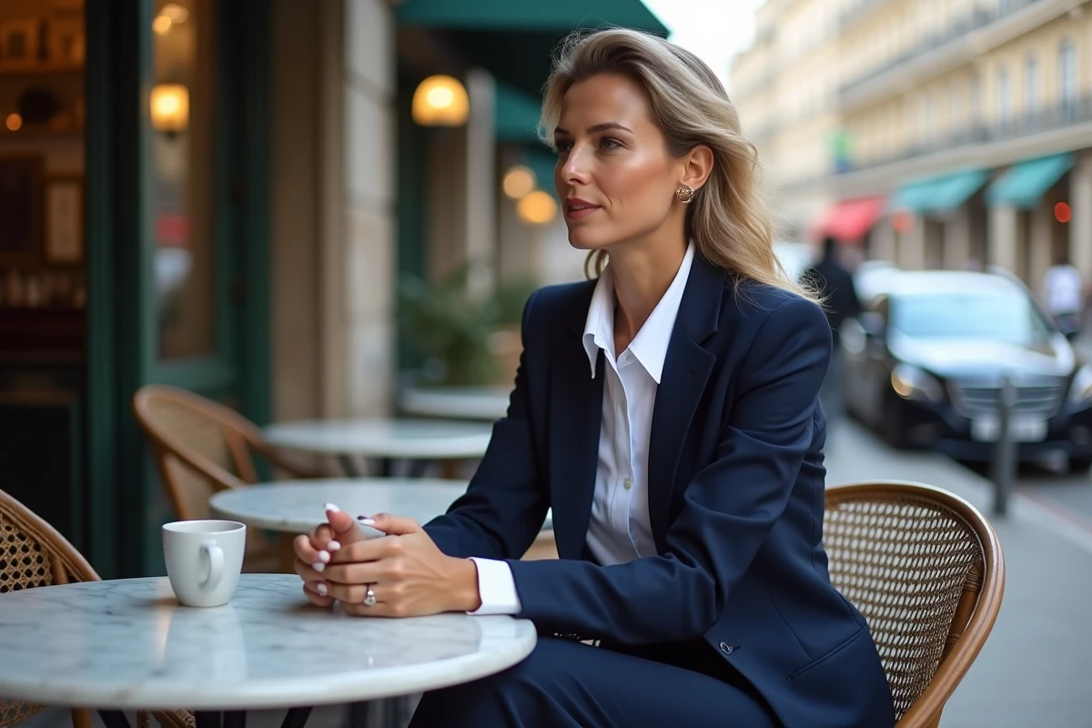 Femme en ensemble pantalon marine de mariage réutilisé en tenue casual à la terrasse d'un café parisien