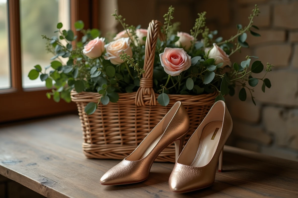 Escarpins dorés à petit talon posés près d'un panier en osier avec des roses de jardin dans une grange de mariage champêtre
