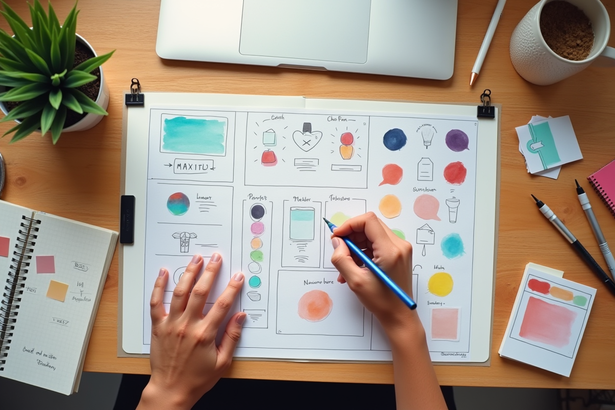 Espace de travail avec mood boards et croquis pour décoration d