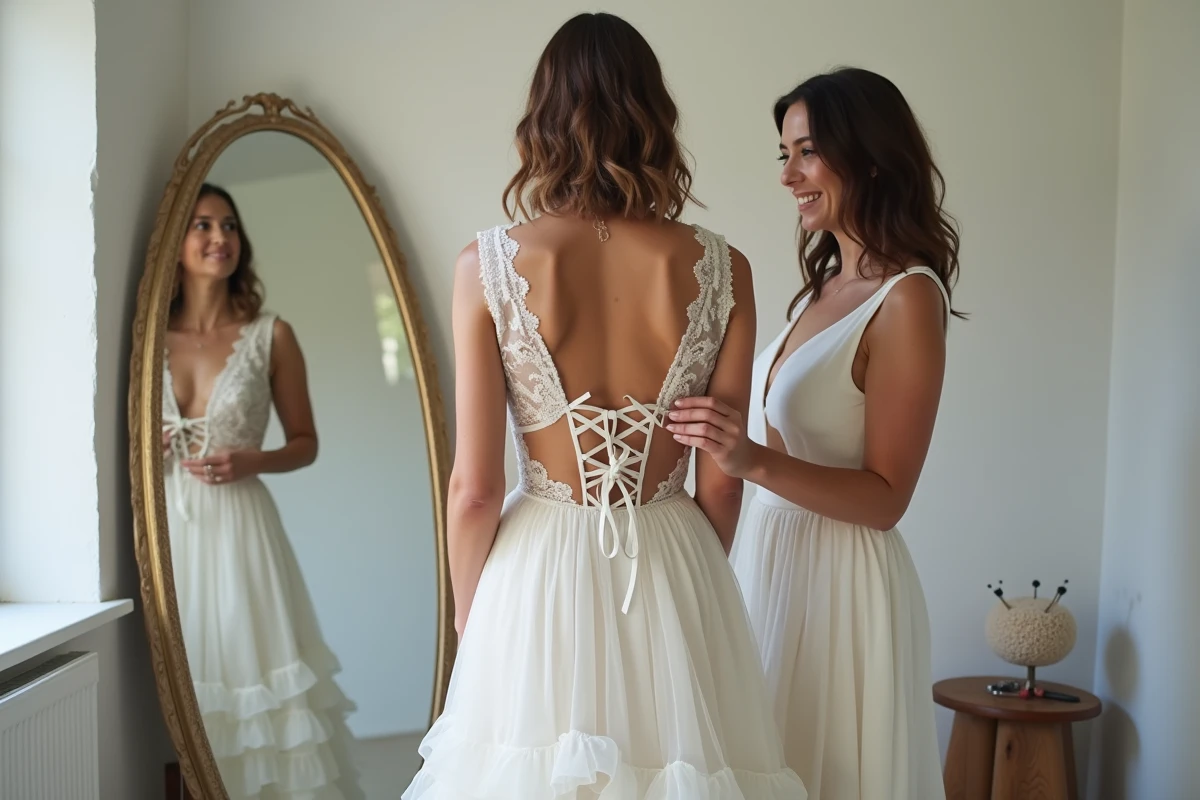 Essayage d'une robe de mariée bohème avec une créatrice locale ajustant les finitions dans un salon de couture épuré