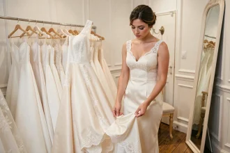 Mariée essayant une robe de mariée en satin ivoire dans une boutique parisienne abordable