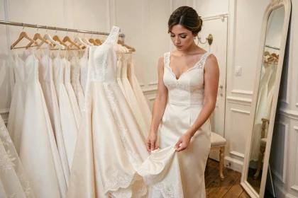 Mariée essayant une robe de mariée en satin ivoire dans une boutique parisienne abordable