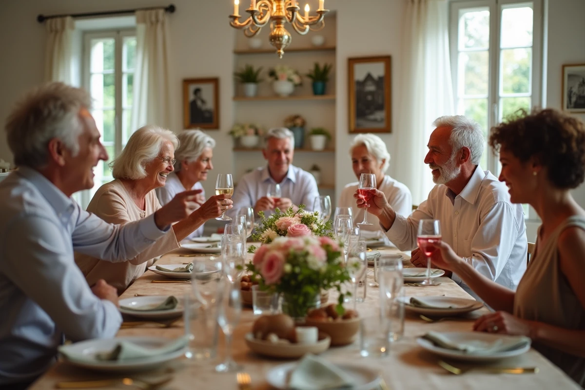 Famille multigénérationnelle portant un toast après une cérémonie de mariage laïque dans une ferme française