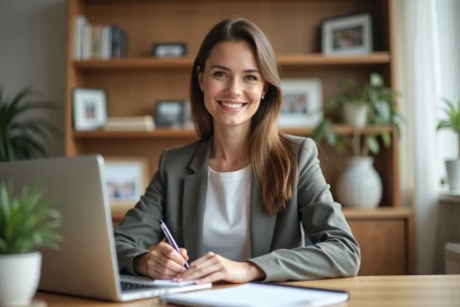 Femme active gérant sa carrière depuis son bureau à domicile, alliant vie professionnelle et personnelle