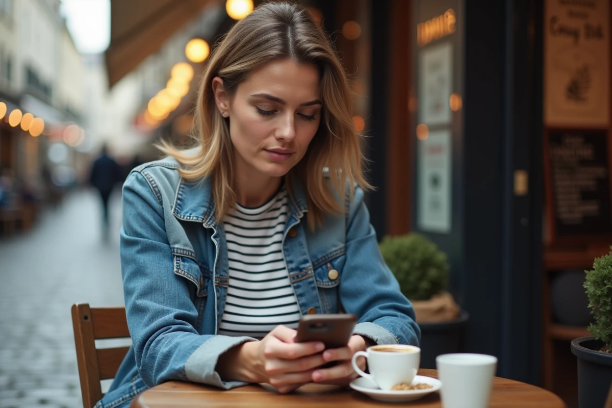 Femme seule en terrasse de café consultant une application de rencontres de voisinage sur son smartphone