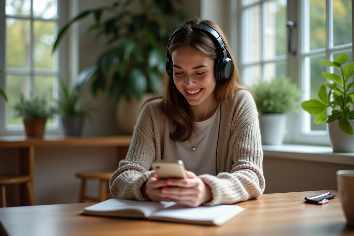 Jeune femme avec casque à préparer une playlist chez elle