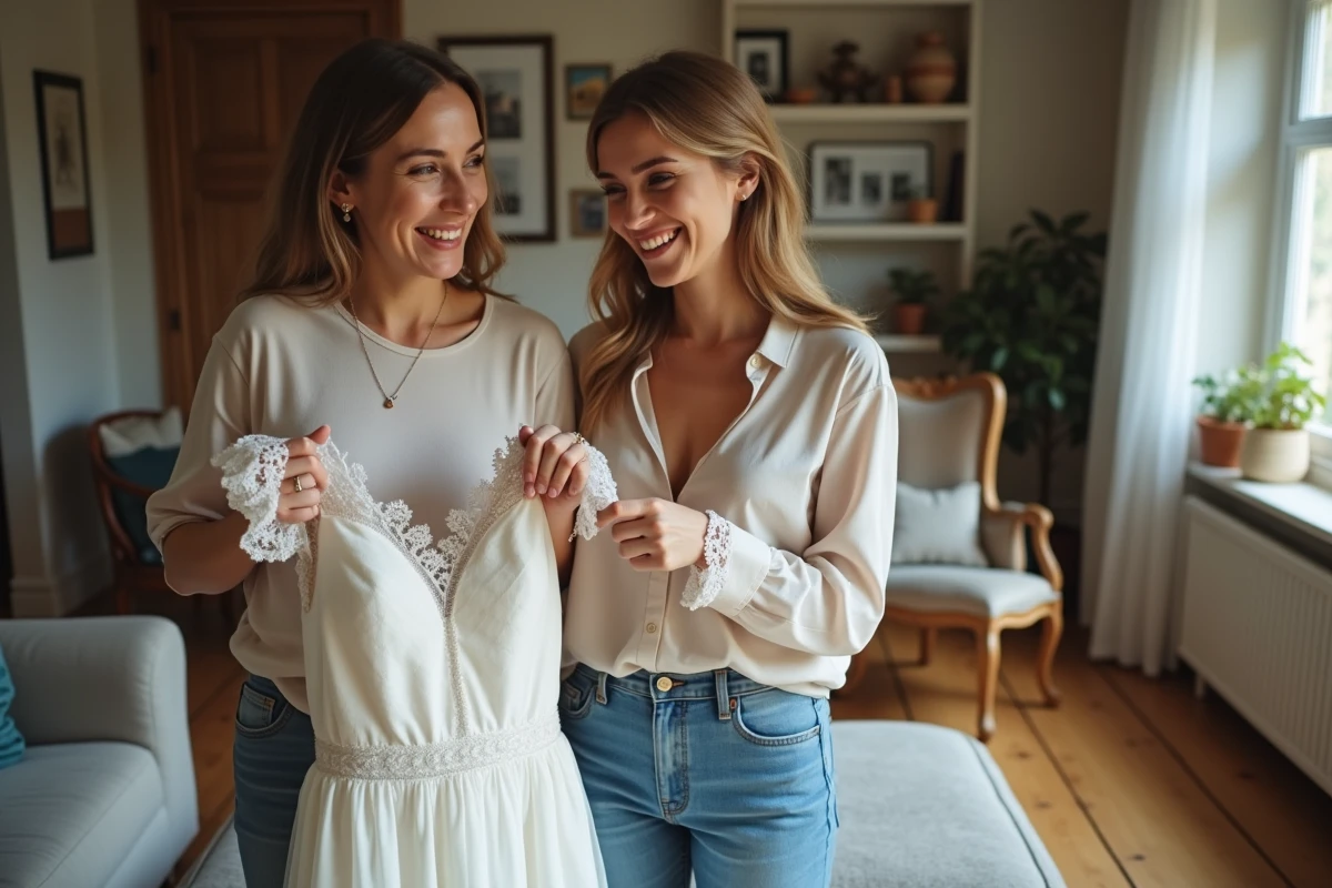 Femme souriante avec robe vintage dans un salon chaleureux