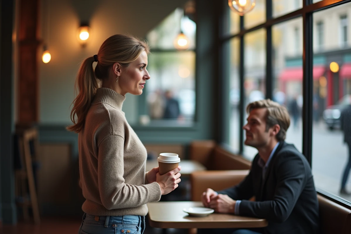 Femme regardant par la fenêtre du café vers un homme à l