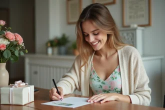 Jeune femme &eacute;crivant une carte de f&eacute;licitations avec des euros