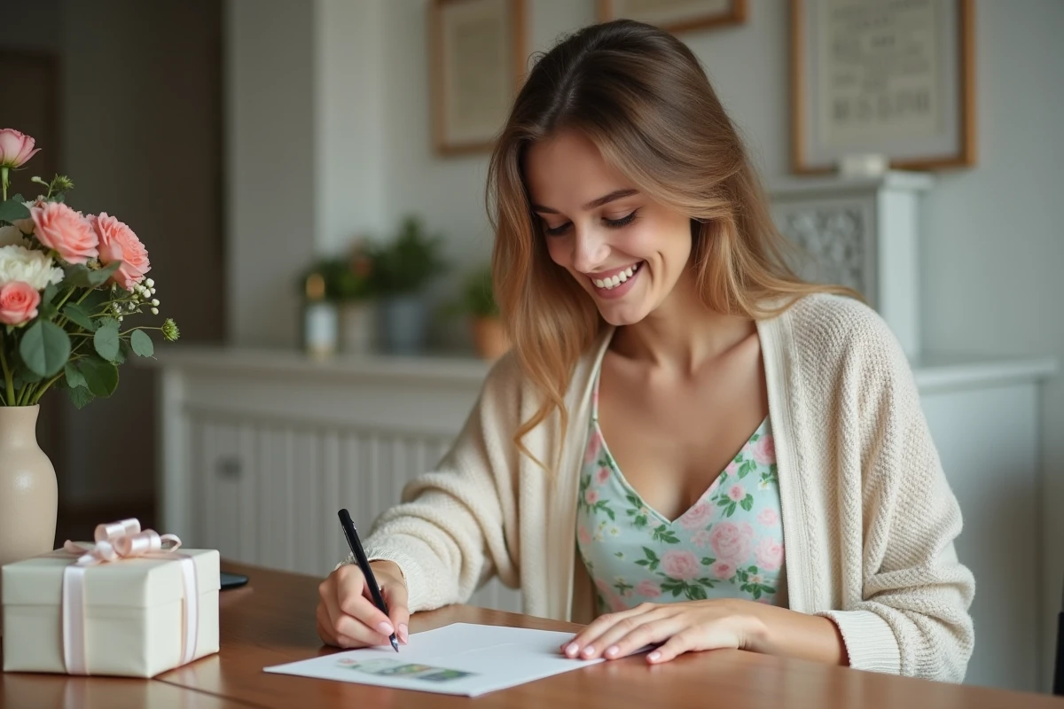 Jeune femme écrivant une carte de félicitations avec des euros