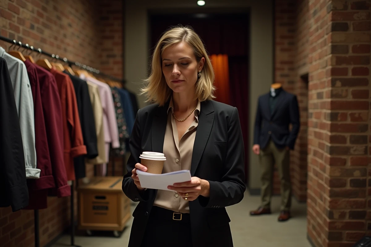 Femme professionnelle en coulisses d'un théâtre consultant ses notes, illustrant une carrière artistique déterminée et passionnée