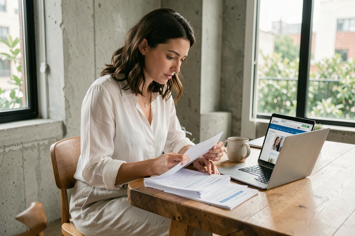 Femme consultant les documents administratifs pour la reconnaissance d'un mariage à l'étranger en France