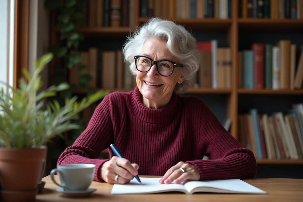 Femme souriante écrivant un message de félicitations humoristique pour un second mariage dans un bureau cosy à domicile