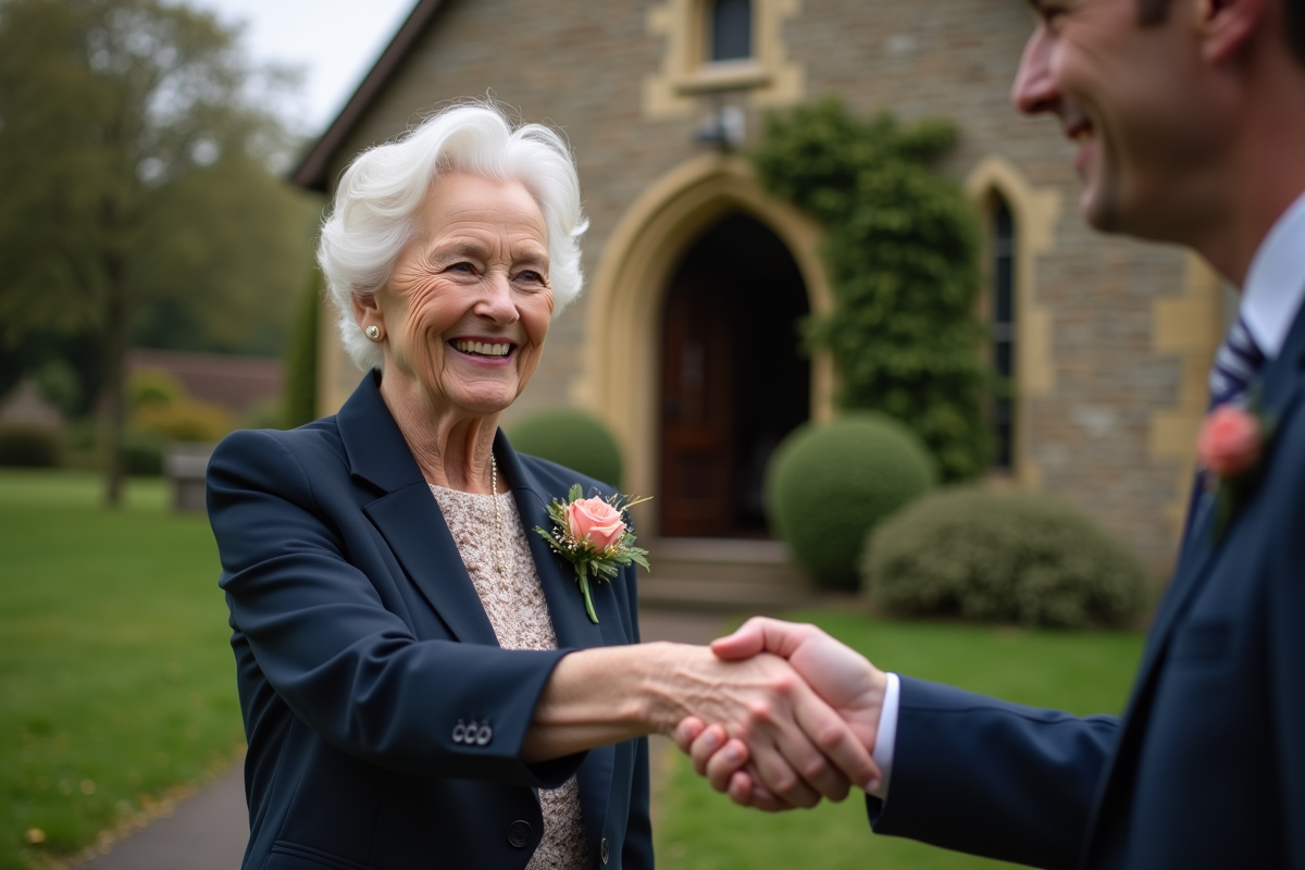 Femme âgée en costume accueillant des invités devant une chapelle champêtre