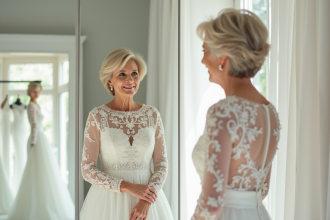 Femme âgée essayant une robe de mariée moderne dans une boutique lumineuse