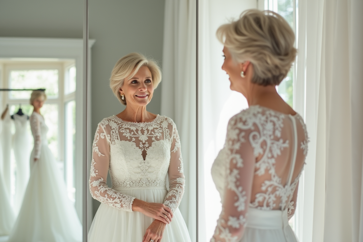 Femme âgée essayant une robe de mariée moderne dans une boutique lumineuse