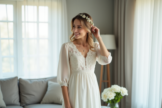 Femme élégante en robe blanche ajustée souriant