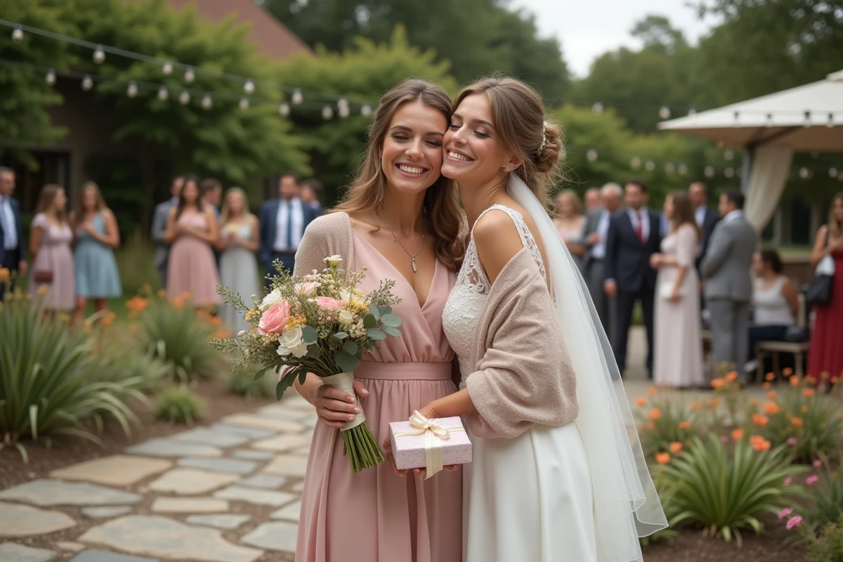 Femme heureuse embrassant la mari&eacute;e apr&egrave;s la c&eacute;r&eacute;monie