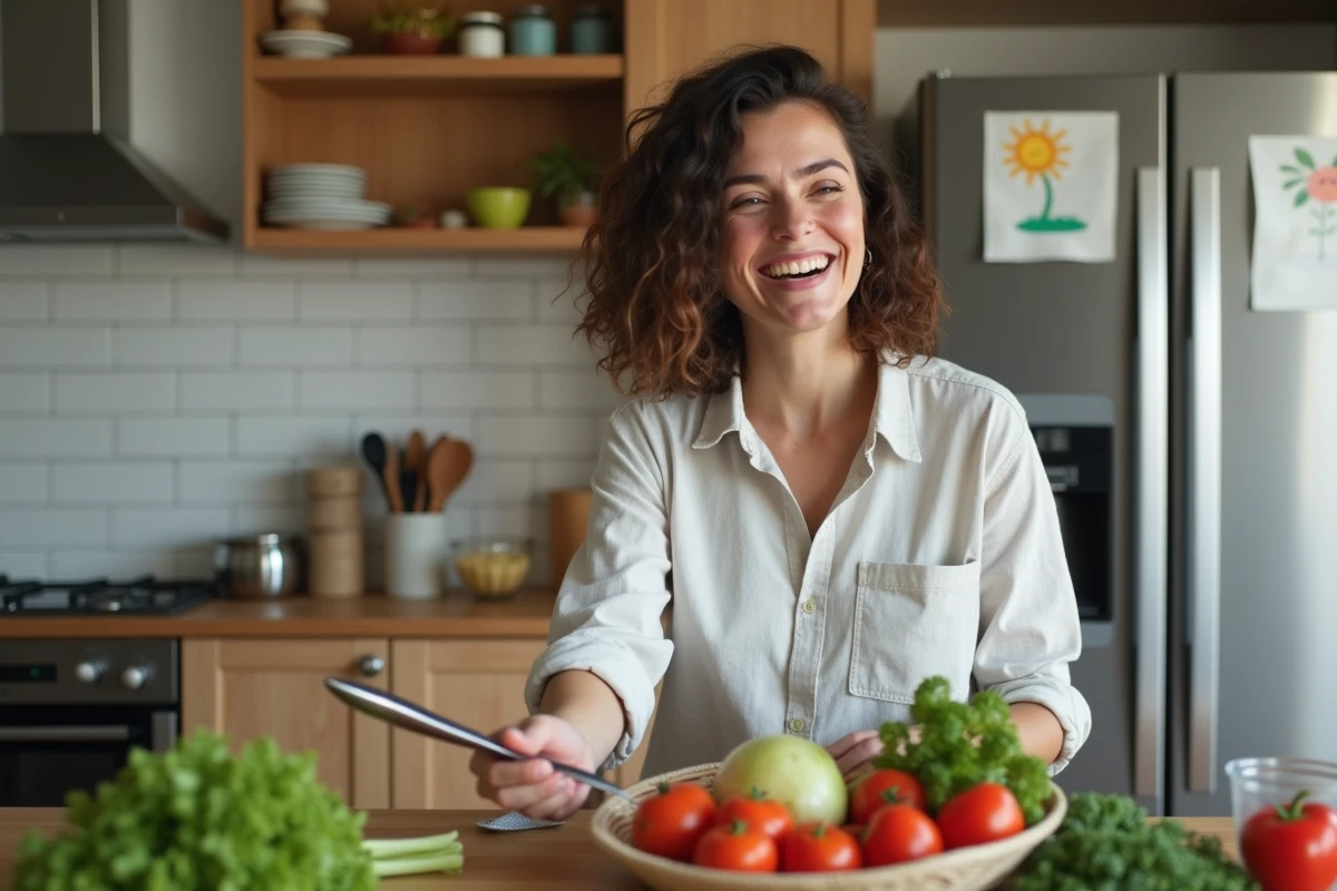 Femme épanouie préparant un repas en famille dans une cuisine moderne, équilibrant vie de couple et quotidien